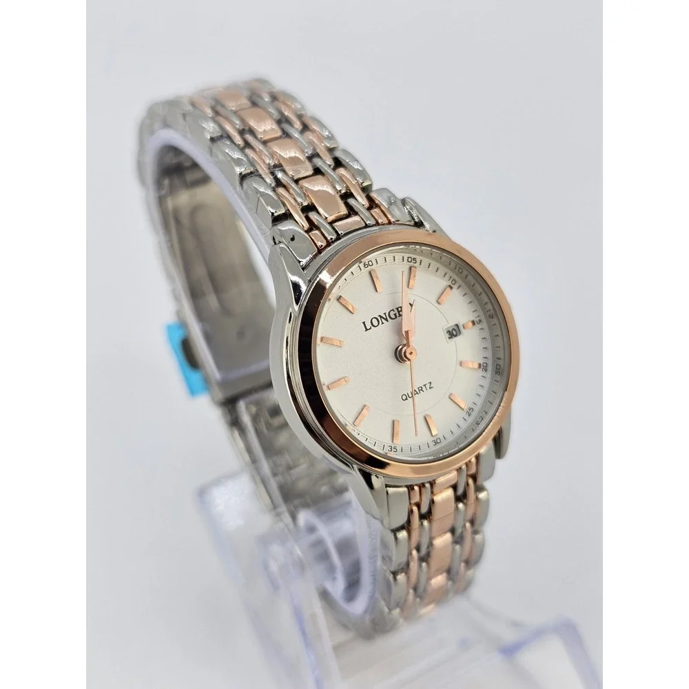 Women's Analog Watch 28MM Cream Dial Date Gold‎ Gray Bands 6.5